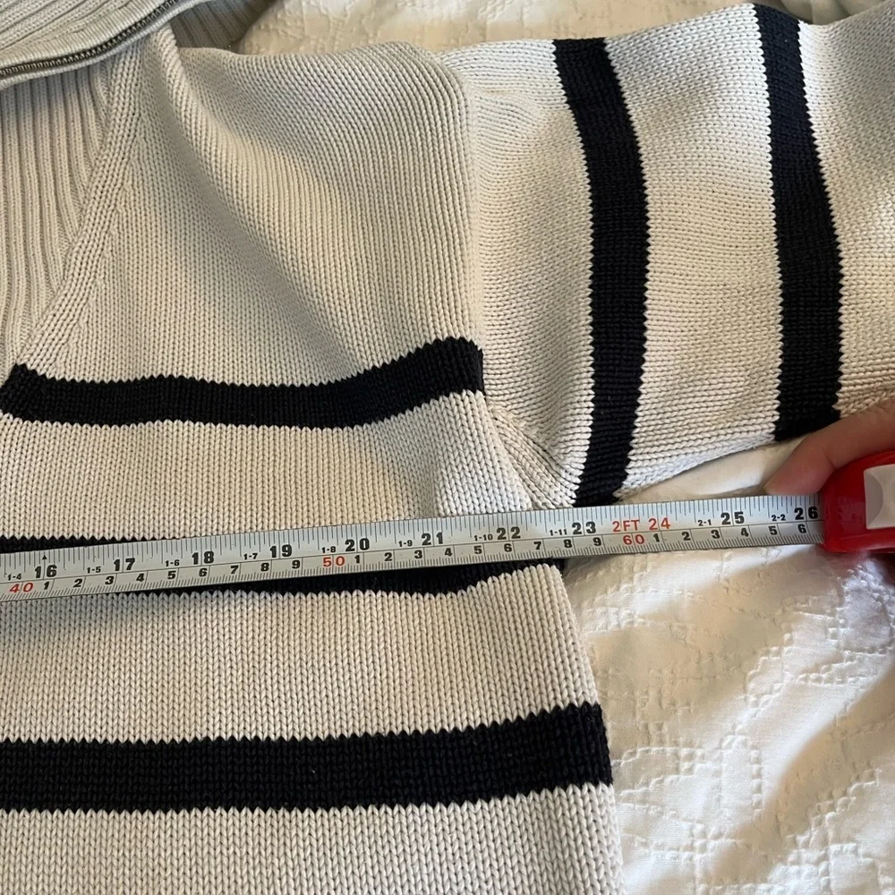 Zara Quarter Zip Striped oversize  Sweater Black and Whitish Taupe Size Medium - Picture 12 of 14